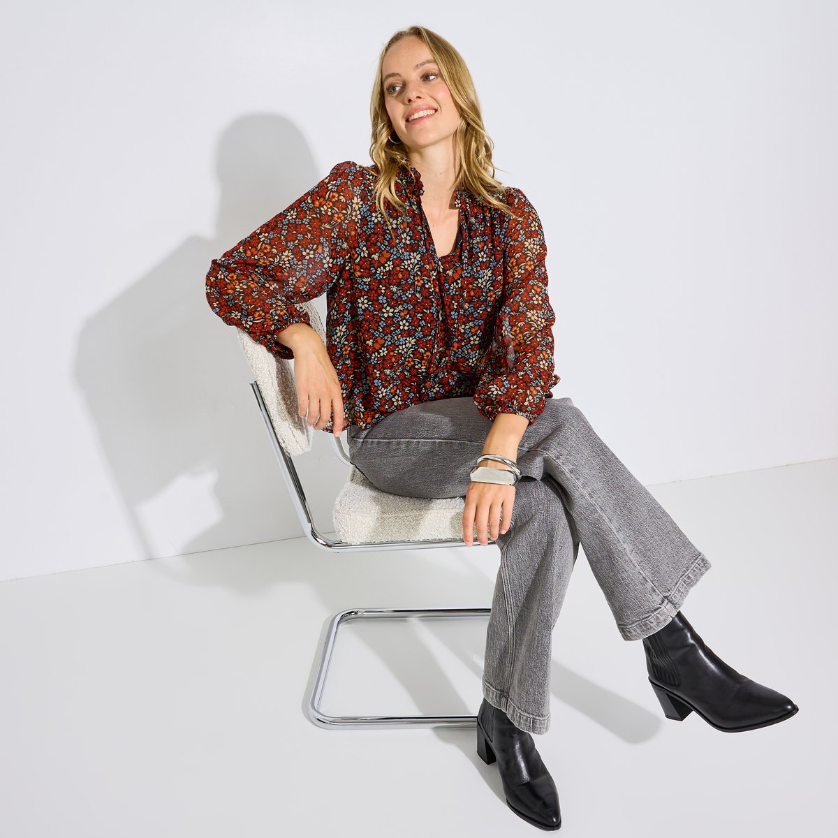 Blouse fluide col V imprimé fleuri noir, GRAIN DE MALICE