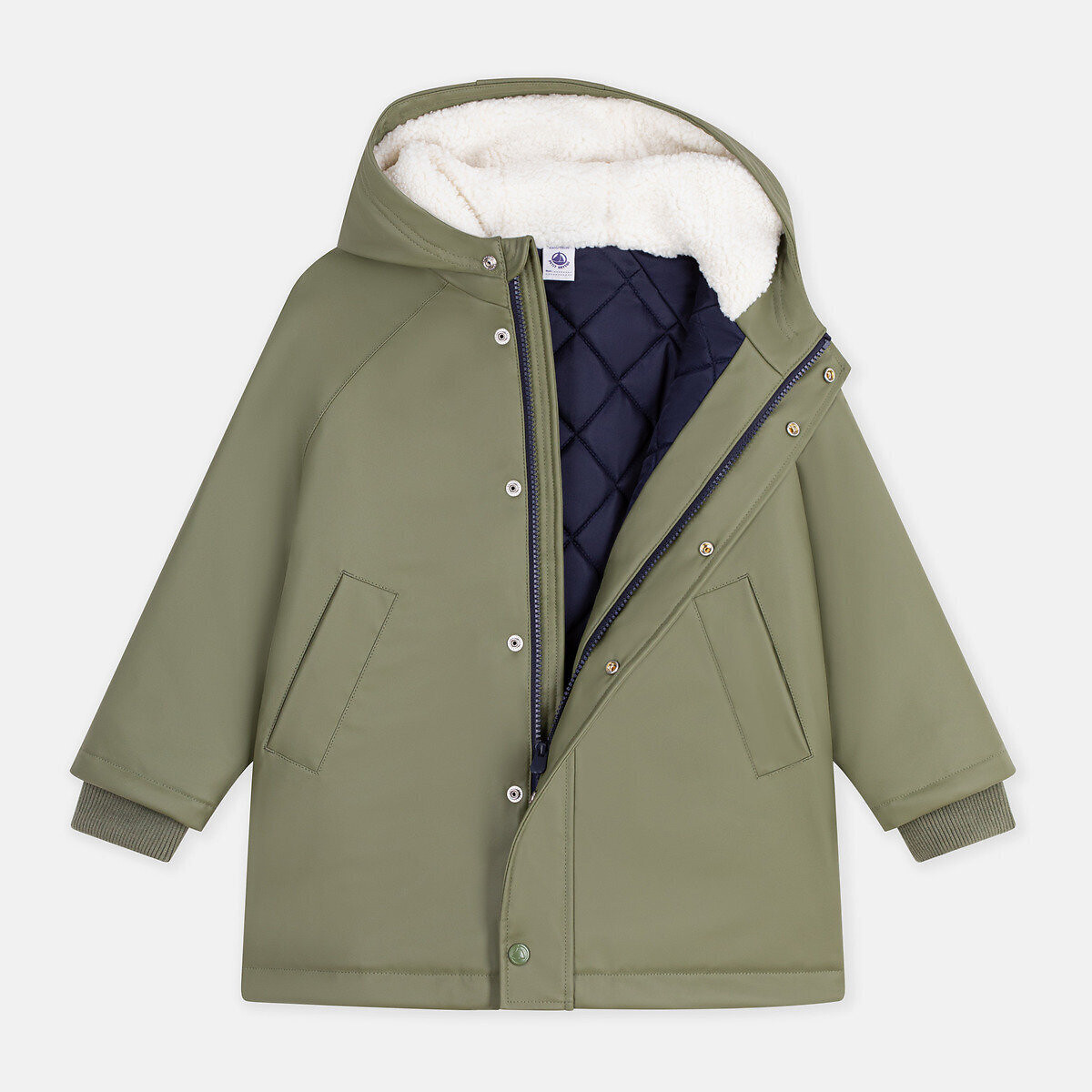 Giacca impermeabile invernale foderata, a tinta unita, con cappuccio kaki, PETIT BATEAU