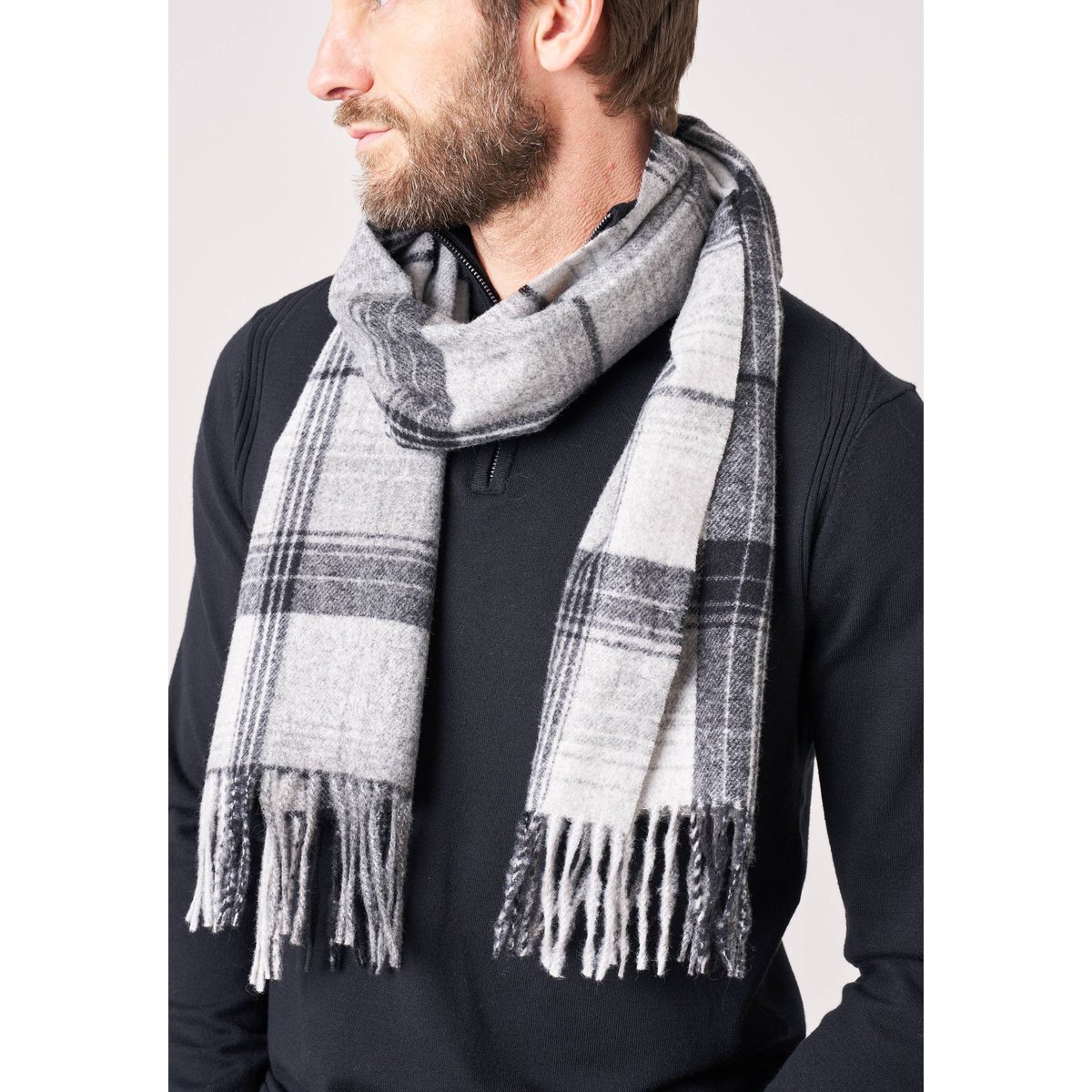 Écharpe homme à carreaux avec franges SANKO grey, DEELUXE