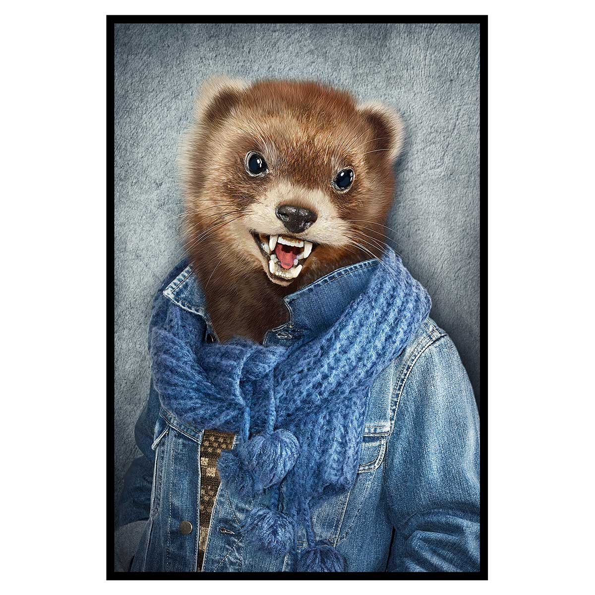 Affiche encadrée furet stylé en tenue moderne affiche + cadre en métal - noir, HEXOA