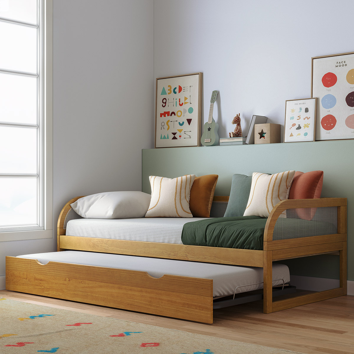 Pack lit enfant gigogne avec matelas Bois massif  LAYA noisette, AKITEN RETAIL