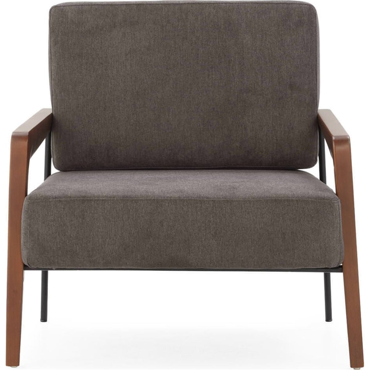 Fauteuil vintage en tissu et bois de hêtre noyer, noir et gris foncé, RECOLLECTION