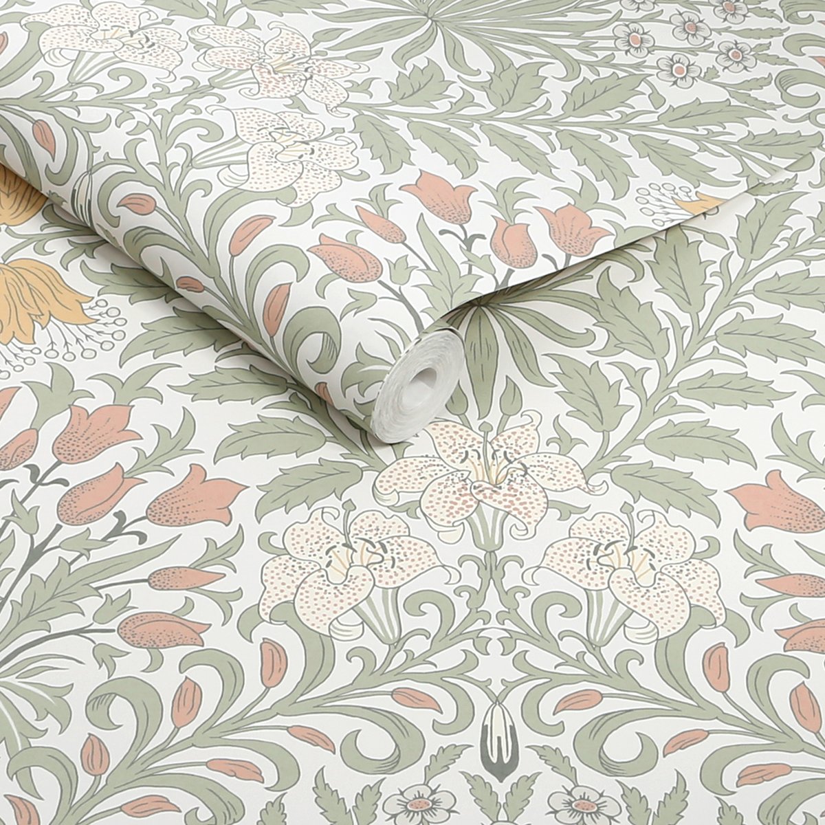 Papier peint fleurs de lys jardin à l'aube vert sauge, moutarde, beige, WILLIAM MORRIS AT HOME