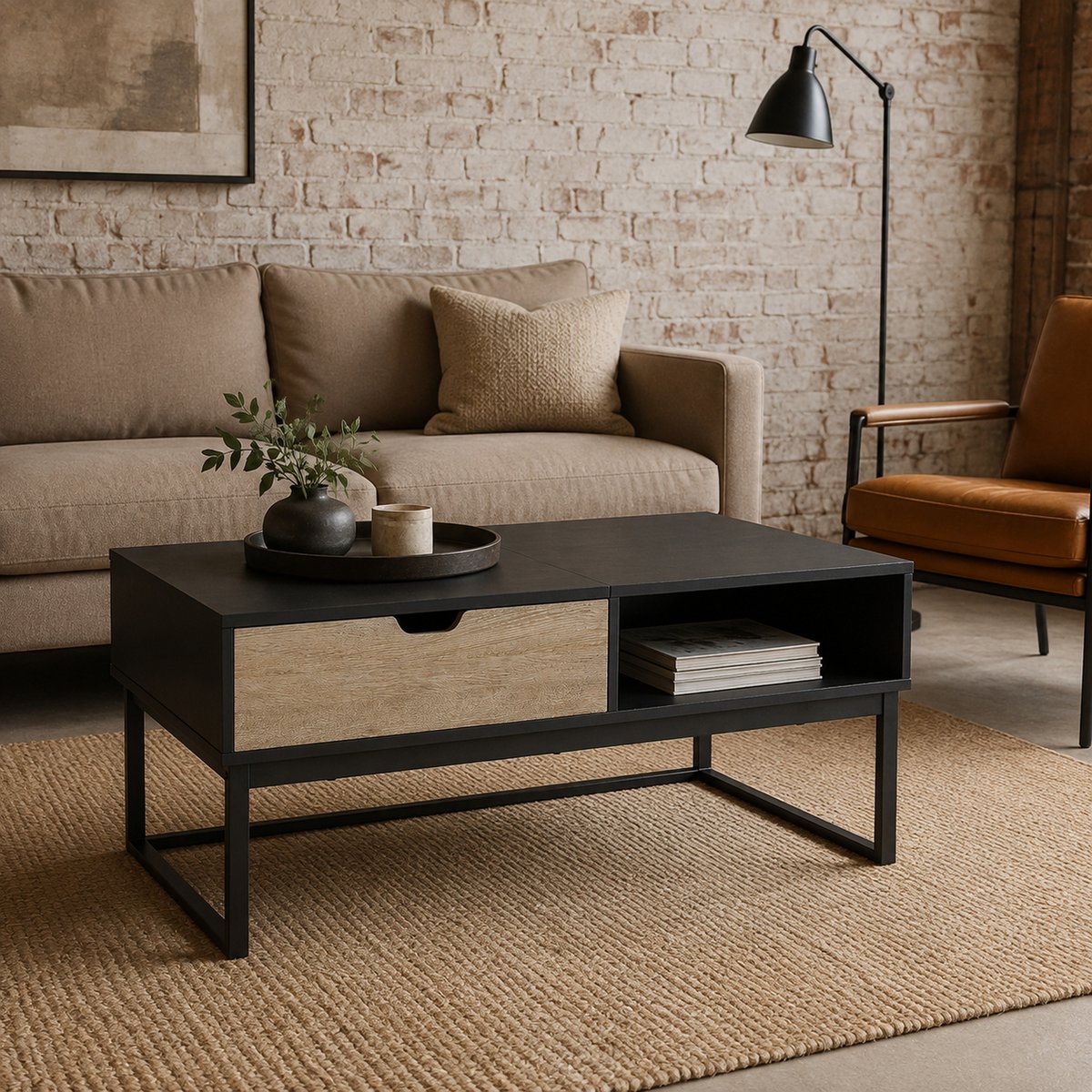Table basse bicolore avec plateau relevable et rangement ouvert, Noir, BRYSON couleur unique, TEAMSON HOME