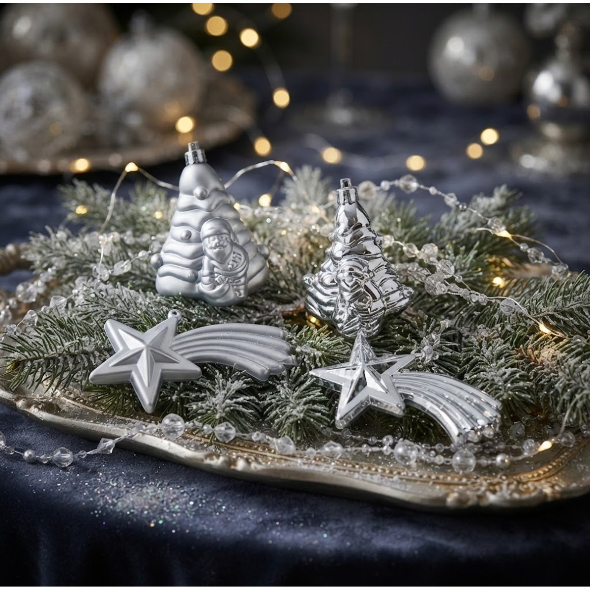 Lot de 4 Boules de Noël 2 Sapins et 2 Étoiles Brillant et Mat argent, EDEN