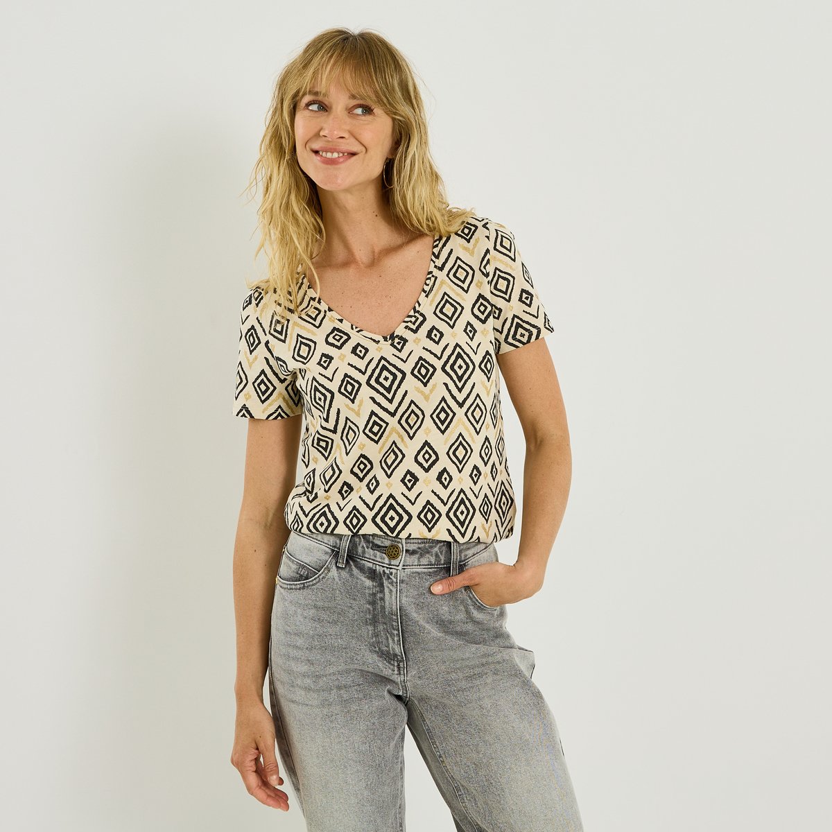 T-shirt col V imprimé géométrique blanc cassé ecru, GRAIN DE MALICE