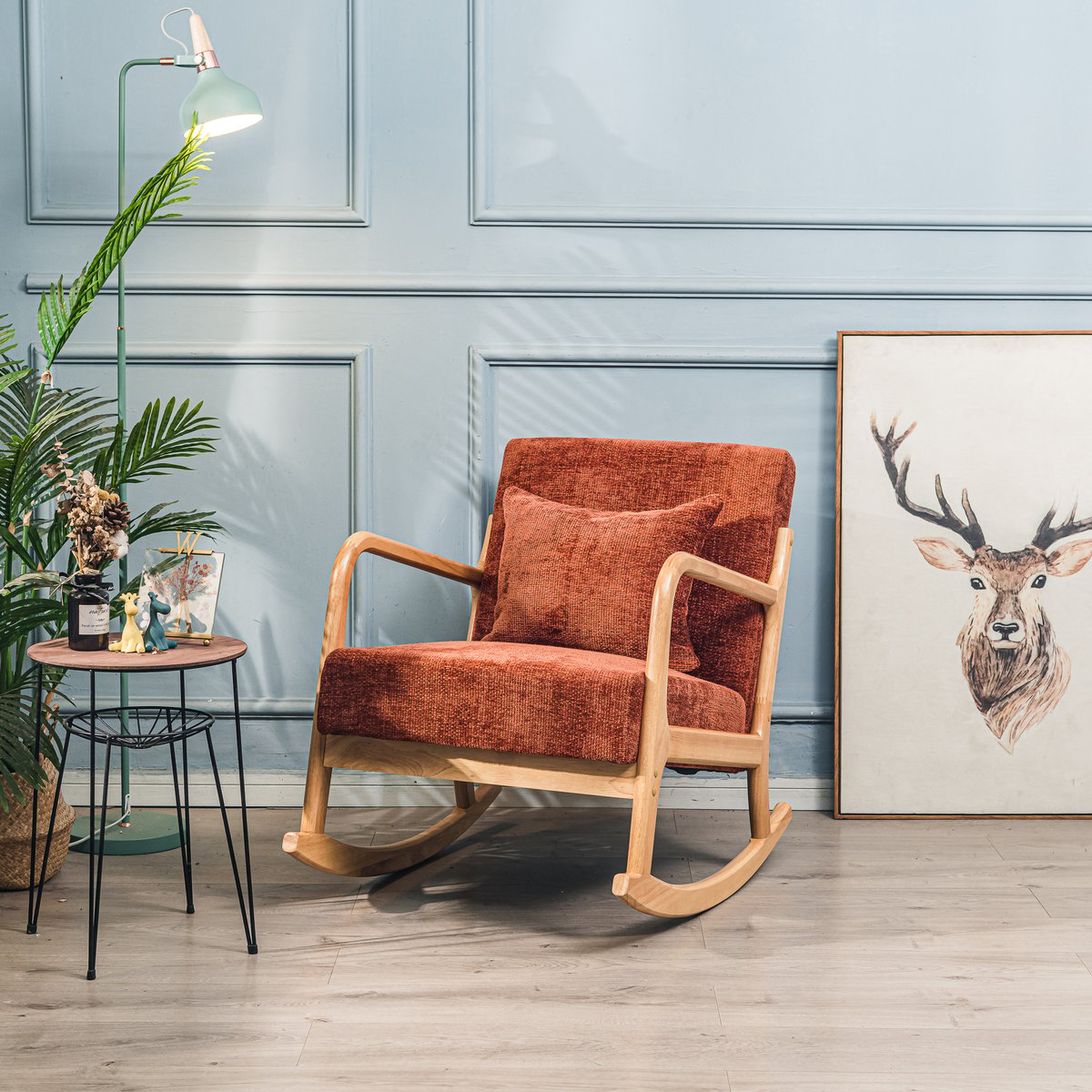 Rocking chair bois massif et tissu, DIANA terracotta, NORDLYS