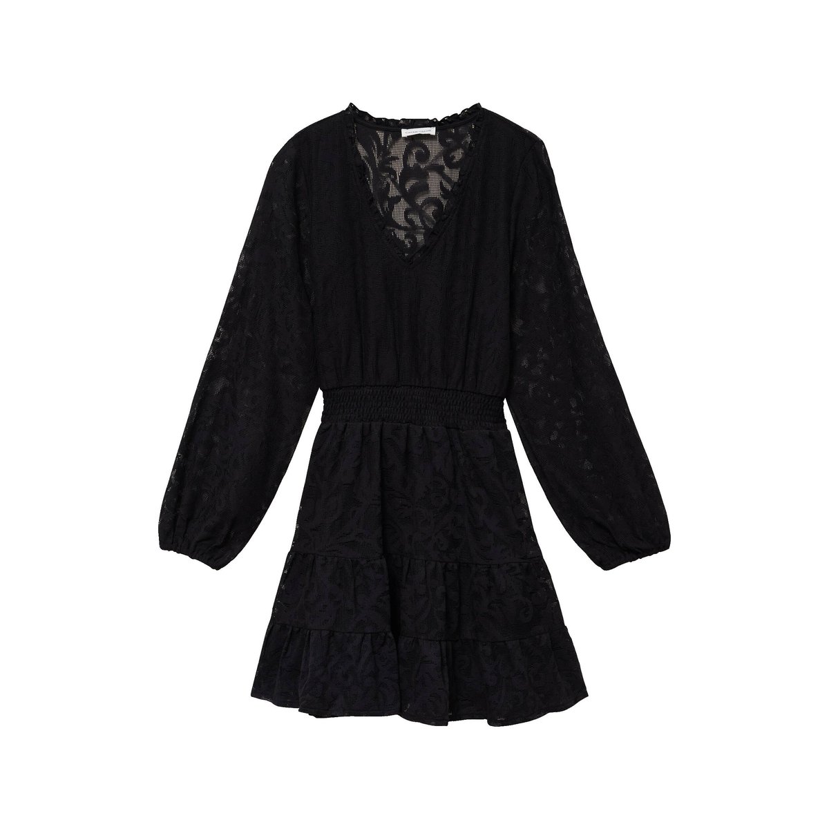 Robe courte évasée en dentelle col v noir, CACHE CACHE
