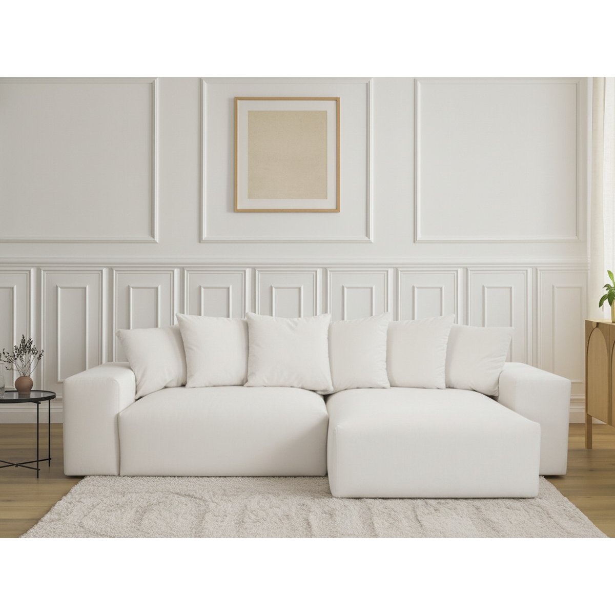 Canapé d'angle convertible 4 places en tissu lisse, VOLTAIRE beige, BOBOCHIC