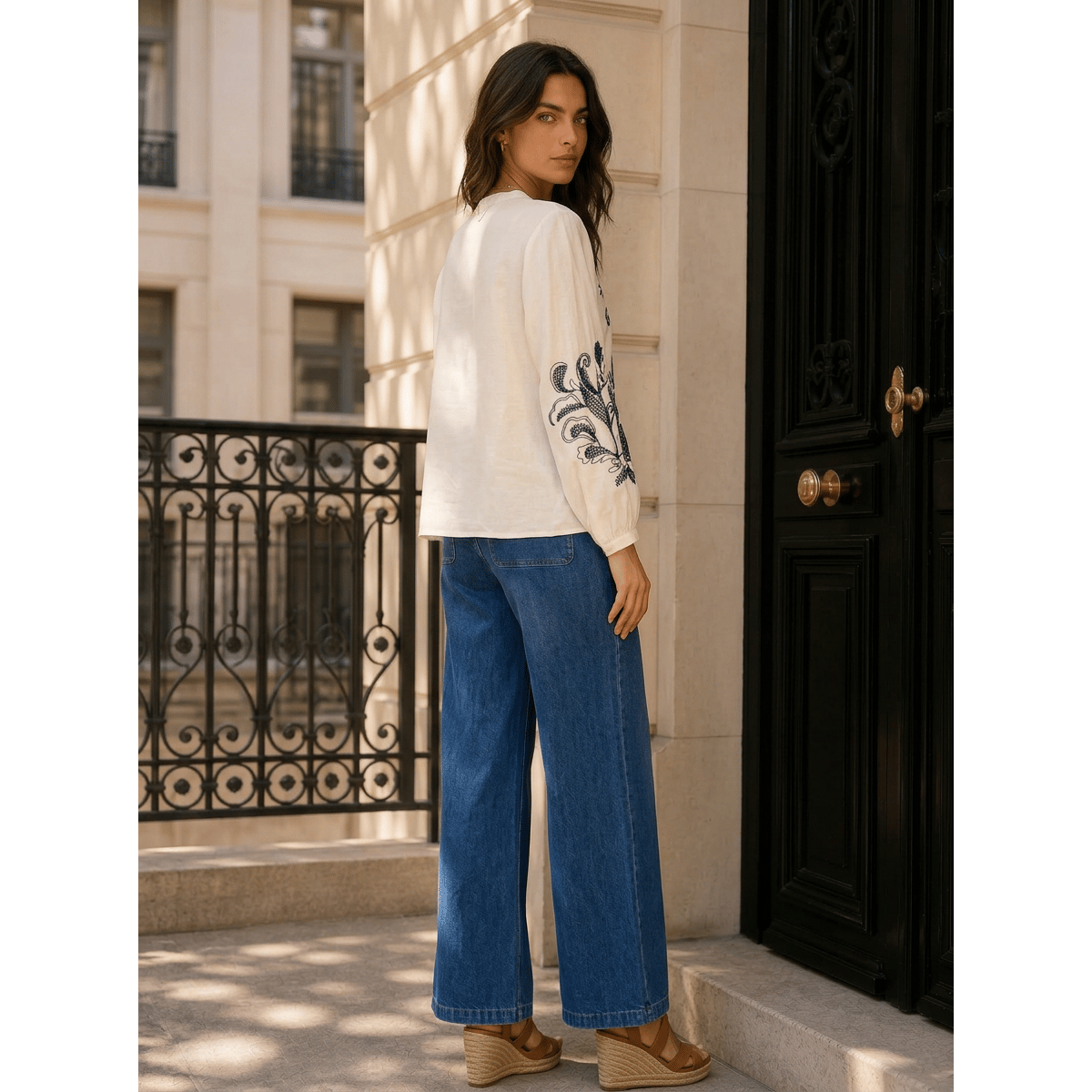 Blouse manches longues col v imprimé broderie BEYTA 11-ecru, LA PETITE ETOILE