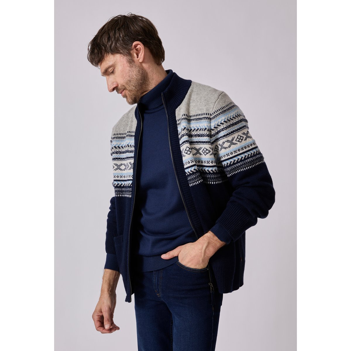Gilet zippé jacquard bleu marine jacquard, DAMART