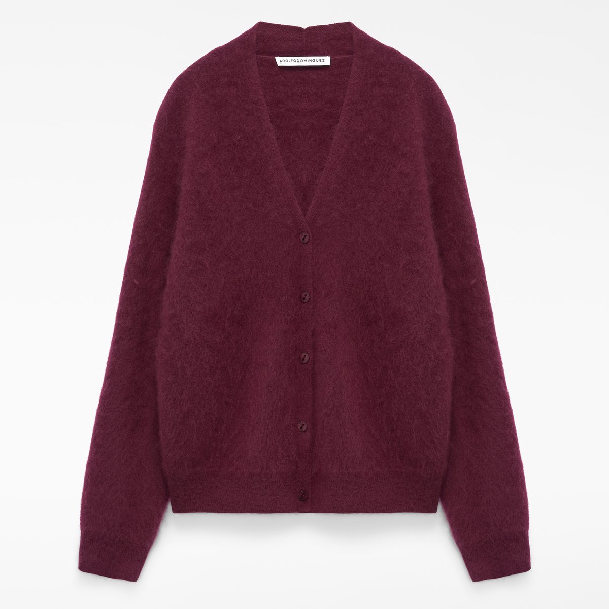 Cardigan brossé en laine mérinos à col V prune, ADOLFO DOMINGUEZ
