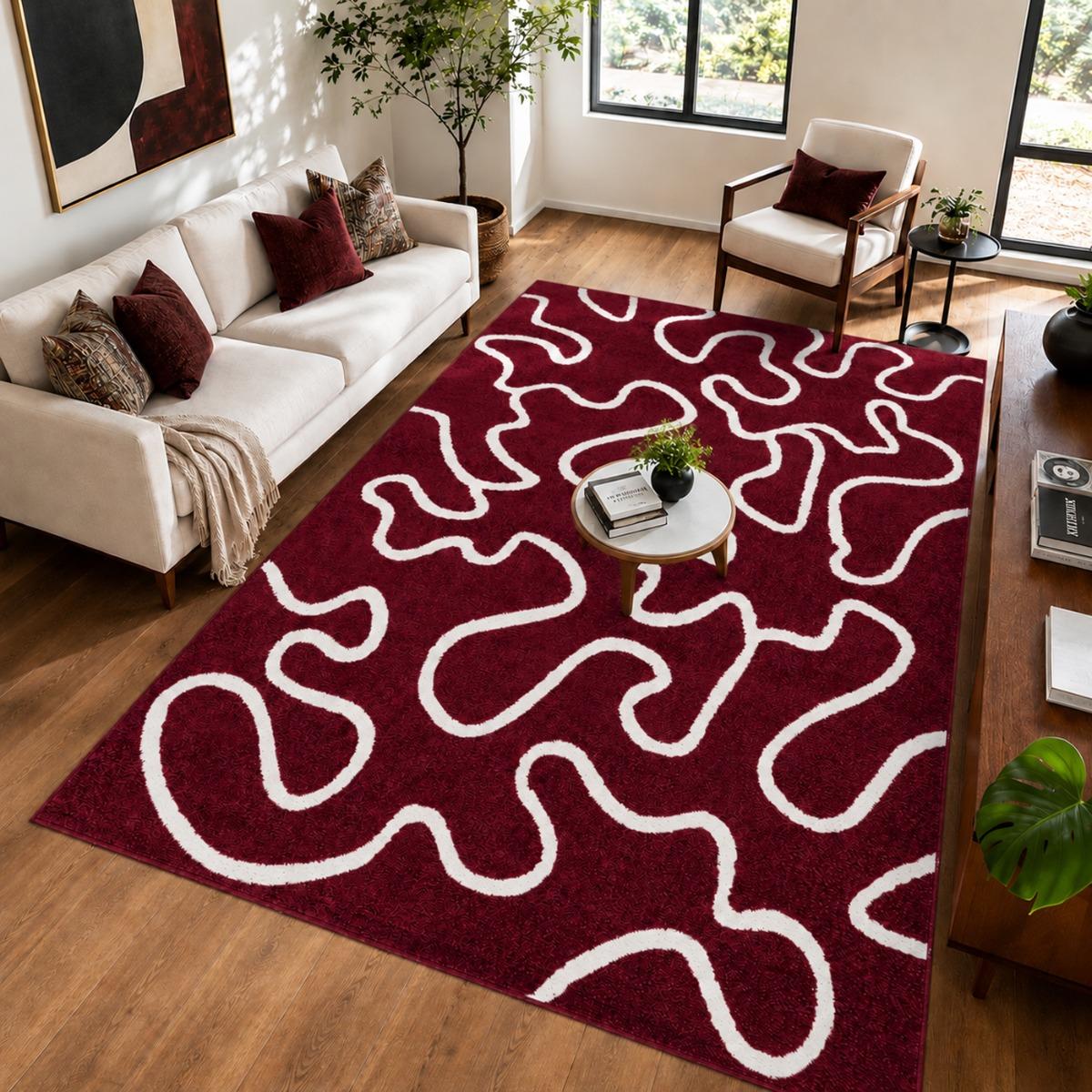 Tapis salon, motif abstrait en relief, graphique et tendance bordeaux, beige, UN AMOUR DE TAPIS