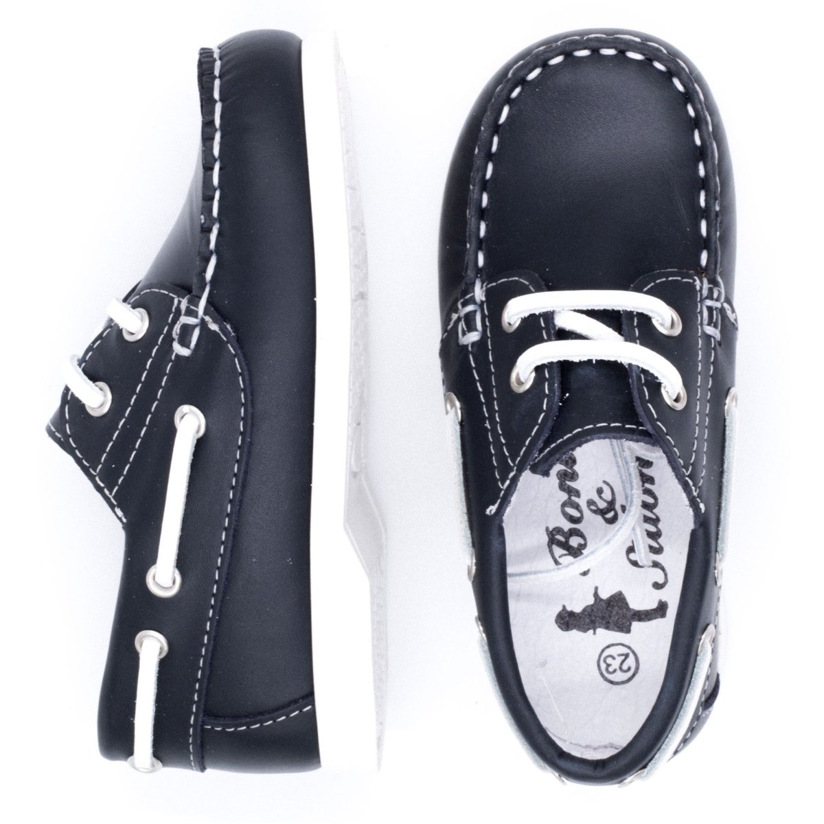 Chaussures bateau en cuir à lacets MINI BRIAC bleu marine, BONI&SIDONIE