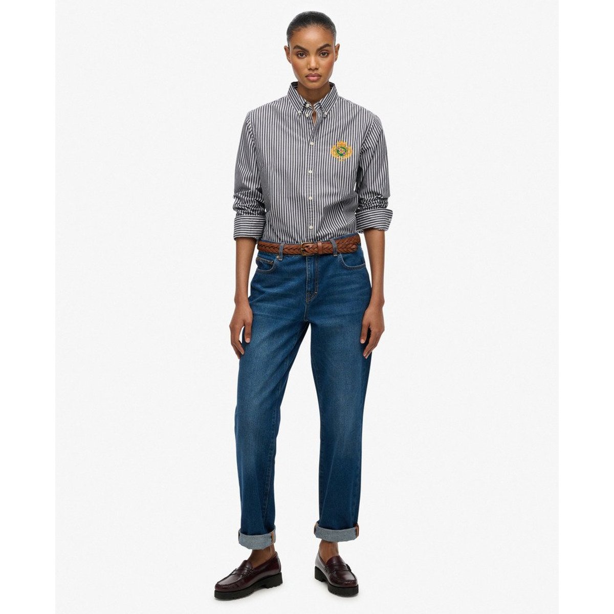 Chemise à manches longues en popeline slim Crest rayé bleu marine/blanc, SUPERDRY