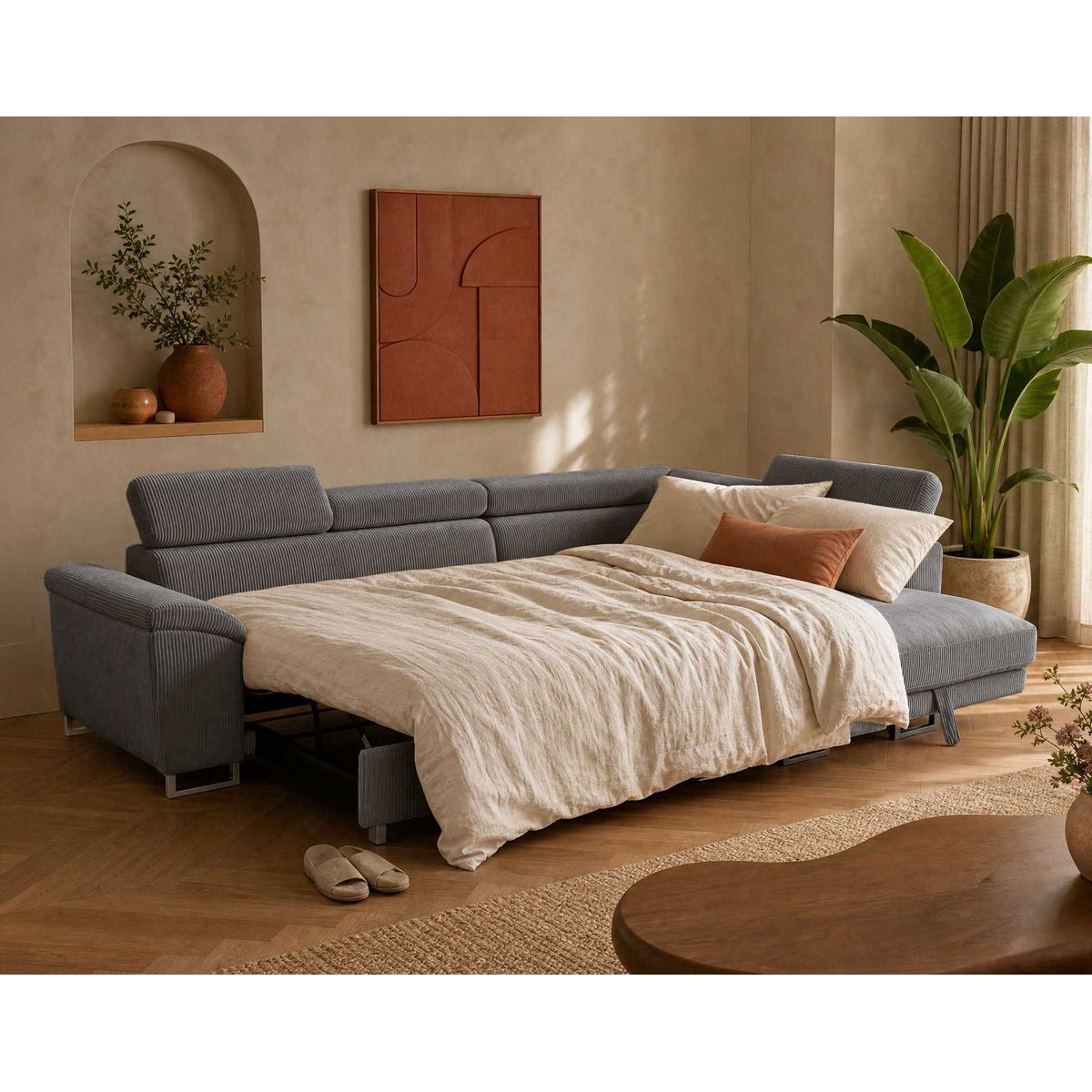 Canapé d'angle droit 5 places convertible, BAOJI gris, BEST MOBILIER