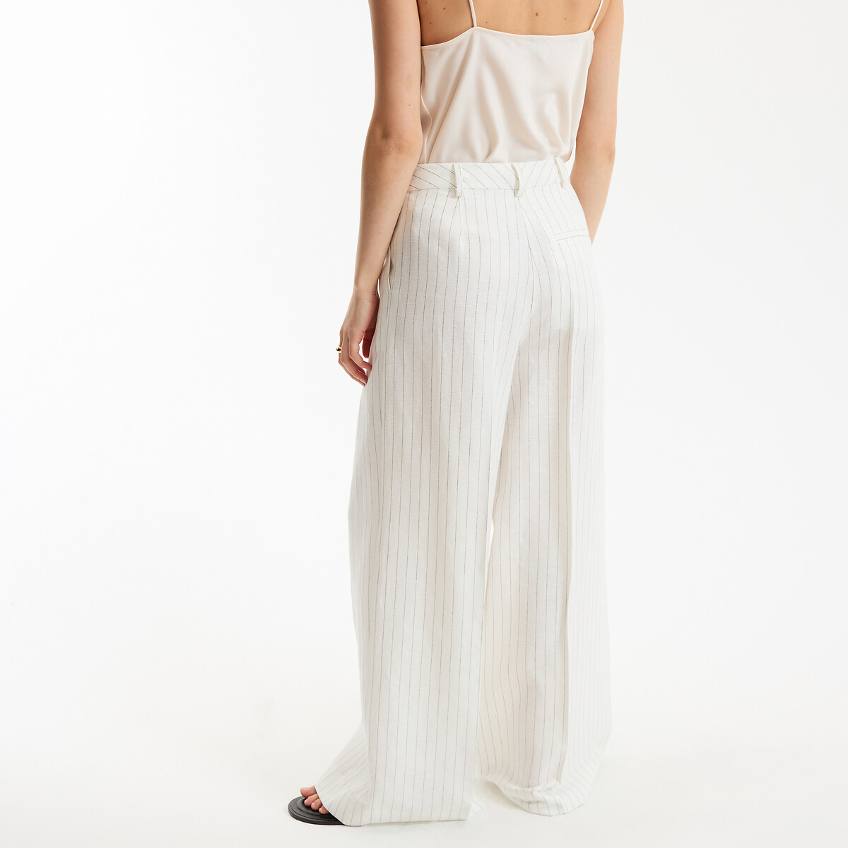 Pantalon large à pinces à rayures en lin et coton rayé ivoire/marine, LA REDOUTE COLLECTIONS