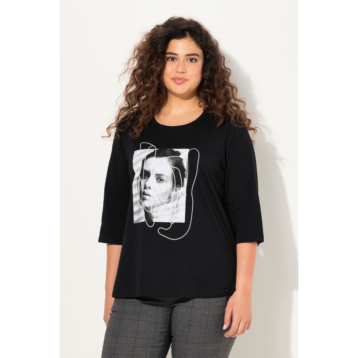 T-shirt avec imprimé, col rond et manches 3/4 noir, ULLA POPKEN