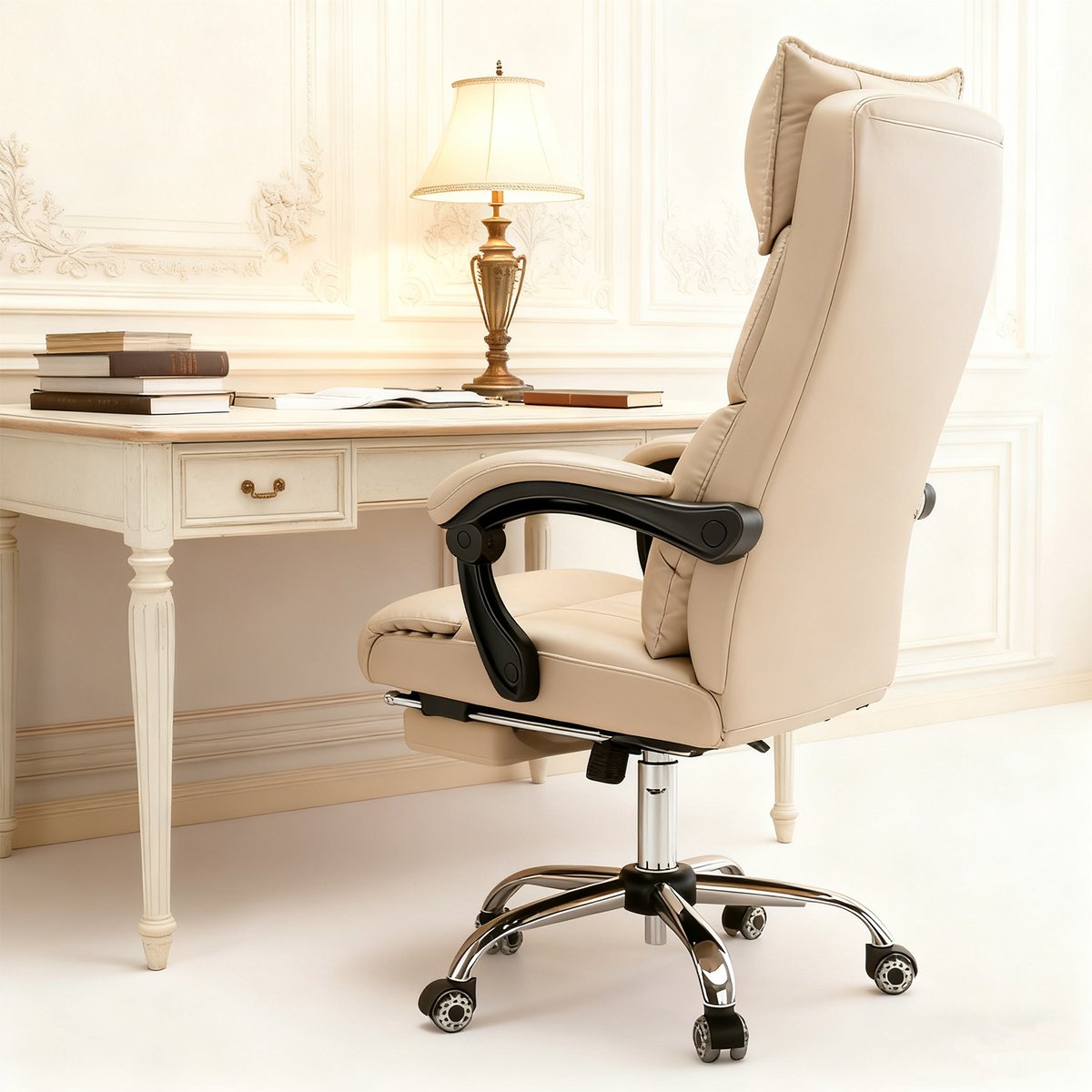 Fauteuil de bureau ergonomique pivotant avec double soutien lombaire et hauteur réglable, ABBOOTE kaki, MEUBLES COSY