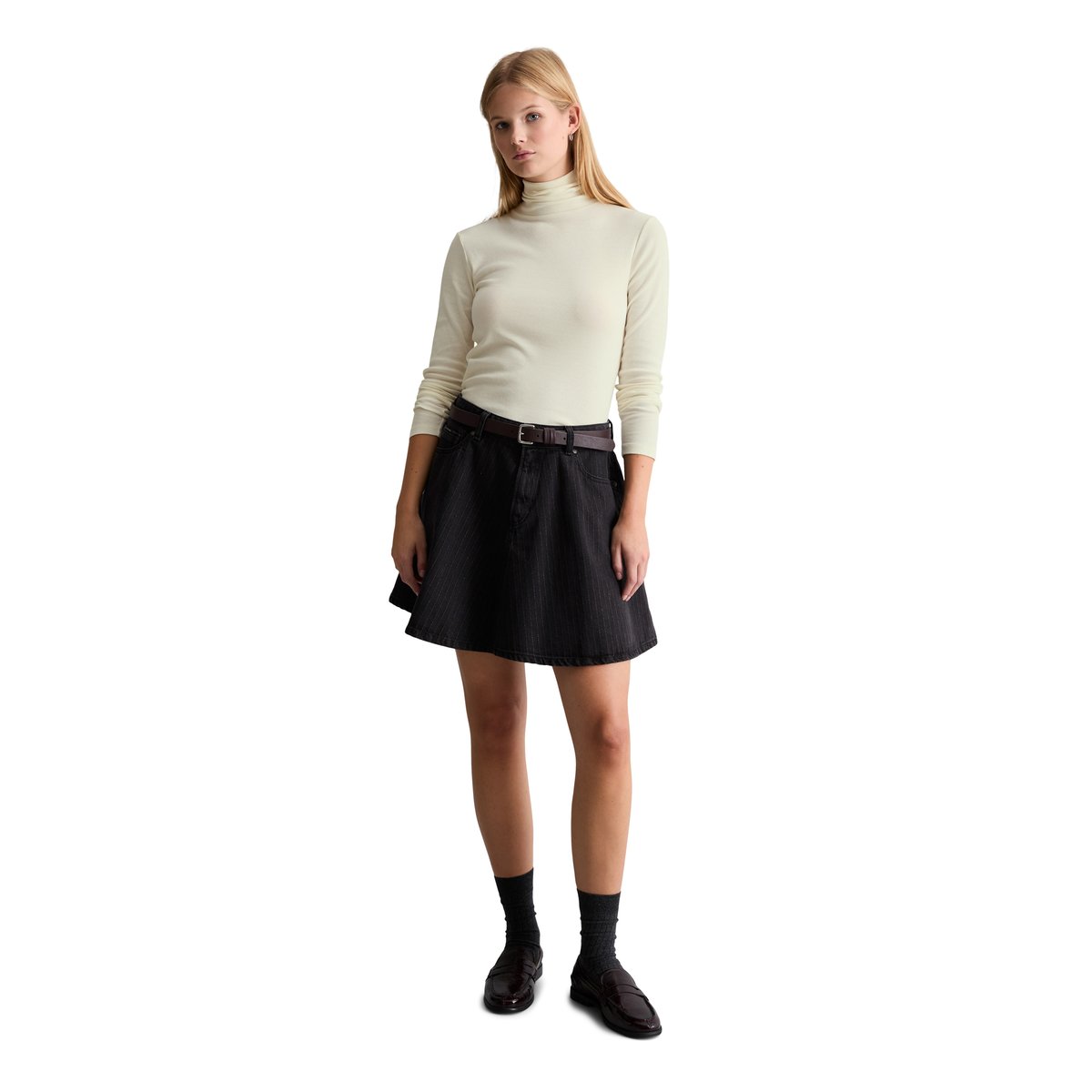 T-shirt long à col roulé slim en jersey côtelé doux beige, MARC O’POLO DENIM