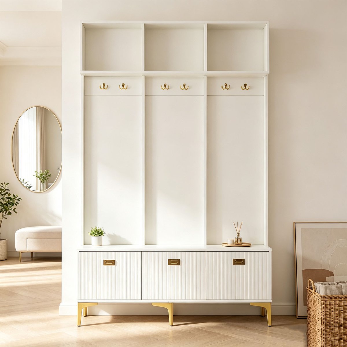 Vestiaire d'entrée avec banc et rangement, PORTER-C blanc, MEUBLES COSY