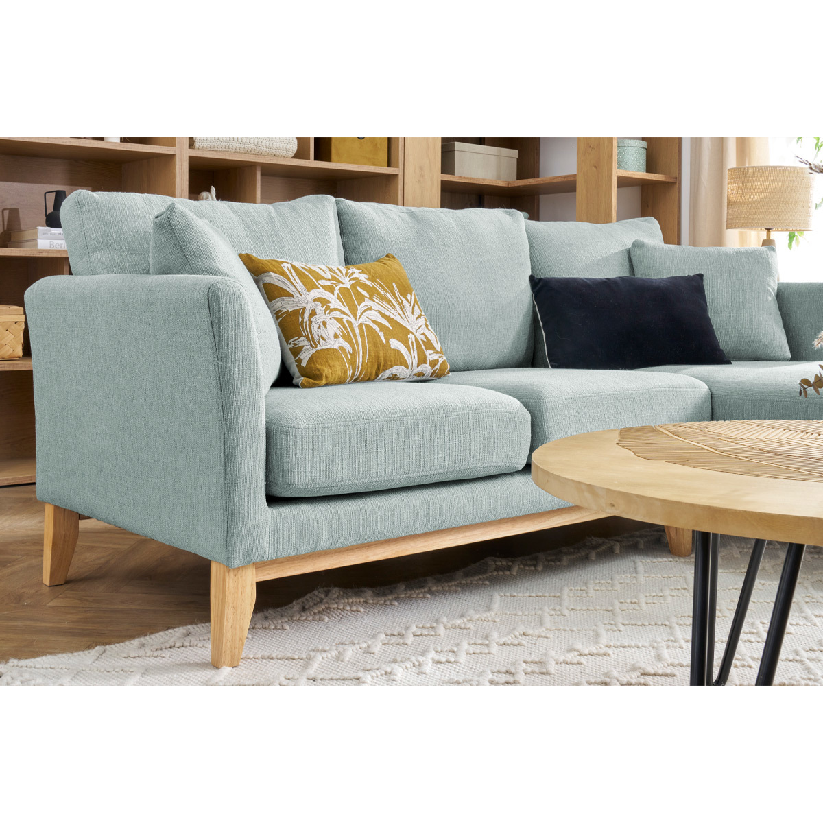 Canapé d'angle droit scandinave déhoussable 4 places en tissu et bois OSLO vert lagon, MILIBOO