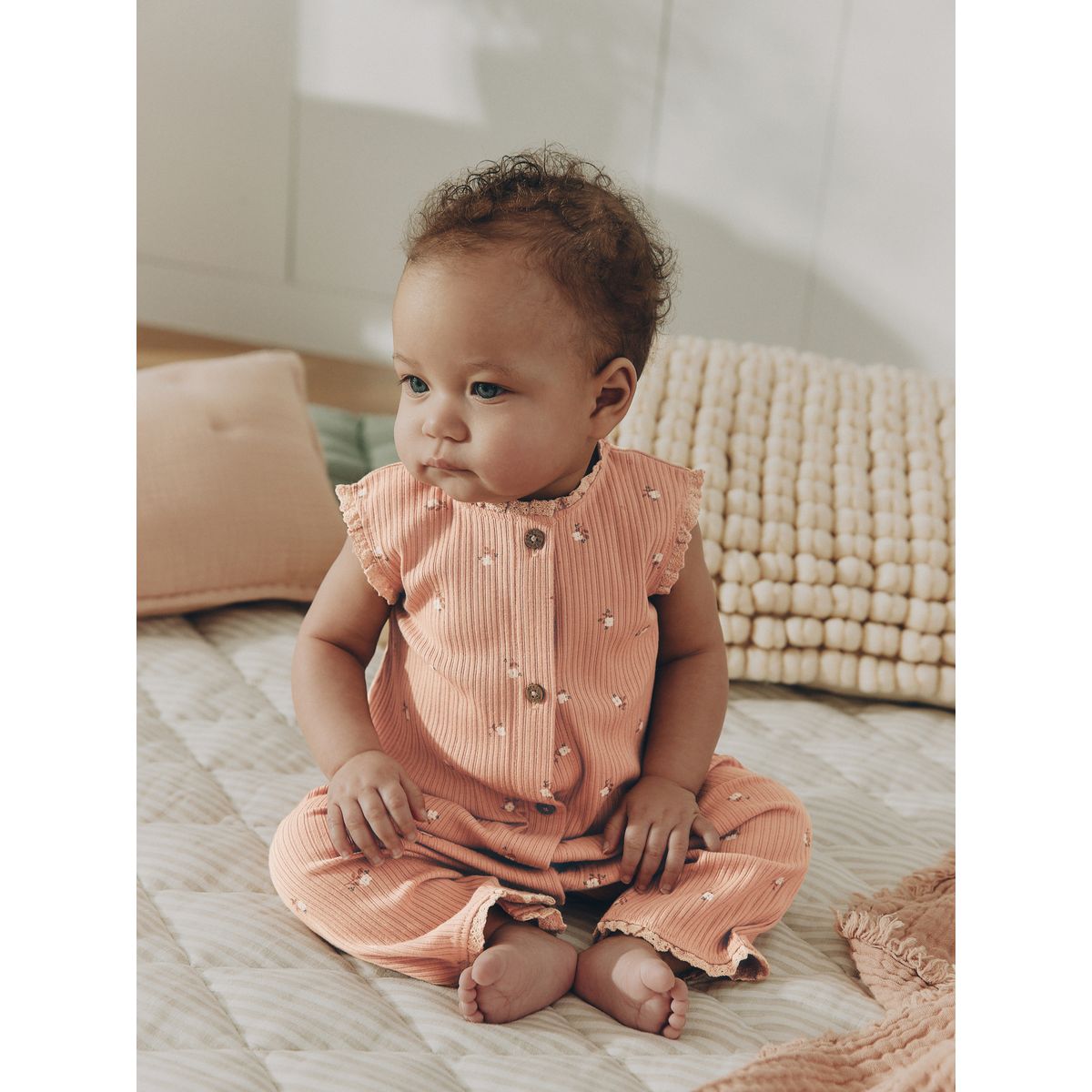 Barboteuse bébé boutonnée, lot de 3 imprimé floral ton sur ton marron, NEXT
