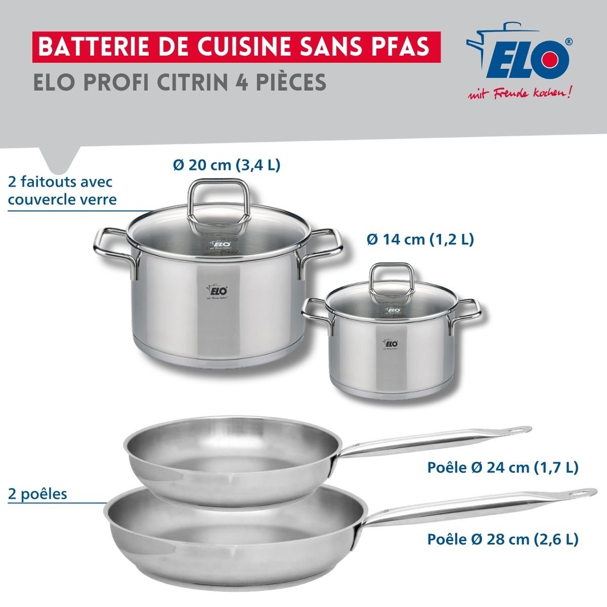 Batterie 2 poêles 24/28cm + 2 faitouts 14/20cm PROFI CITRIN gris, ELO