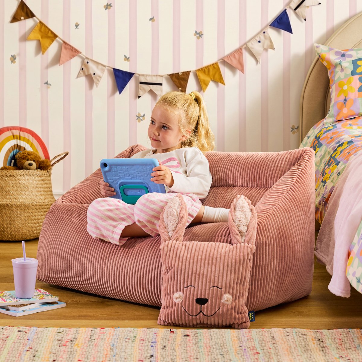 Pouf canapé enfant et coussin animal assorti en velours côtelé Oeko-Tex® - CECILIA rose aube, ICON