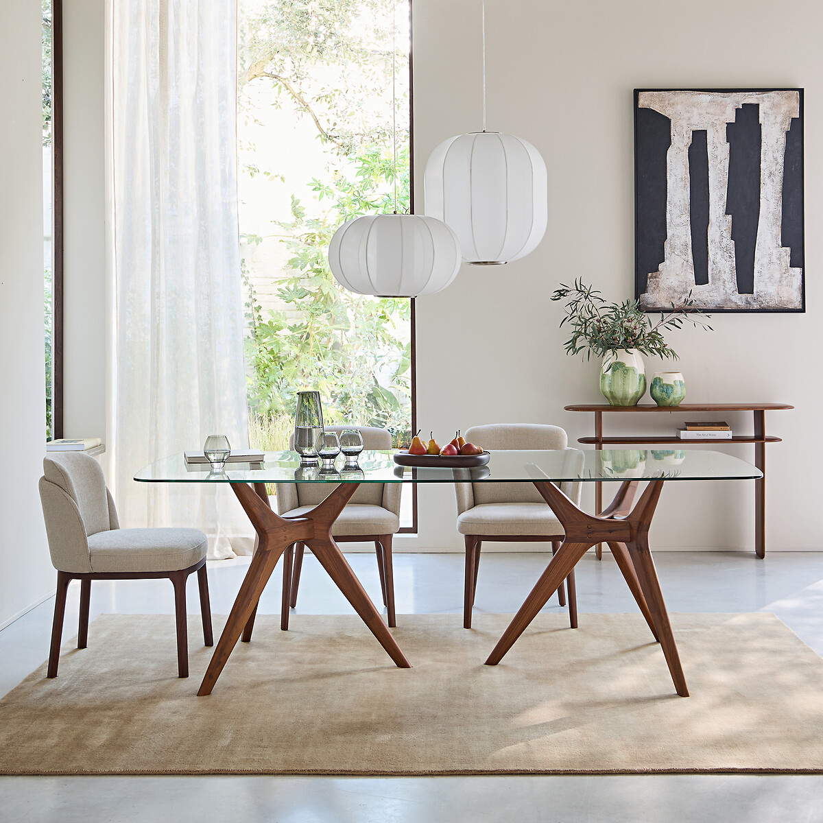 Table rectangulaire en verre et noyer massif, 8 couverts, MARICIELO noyer, AM.PM