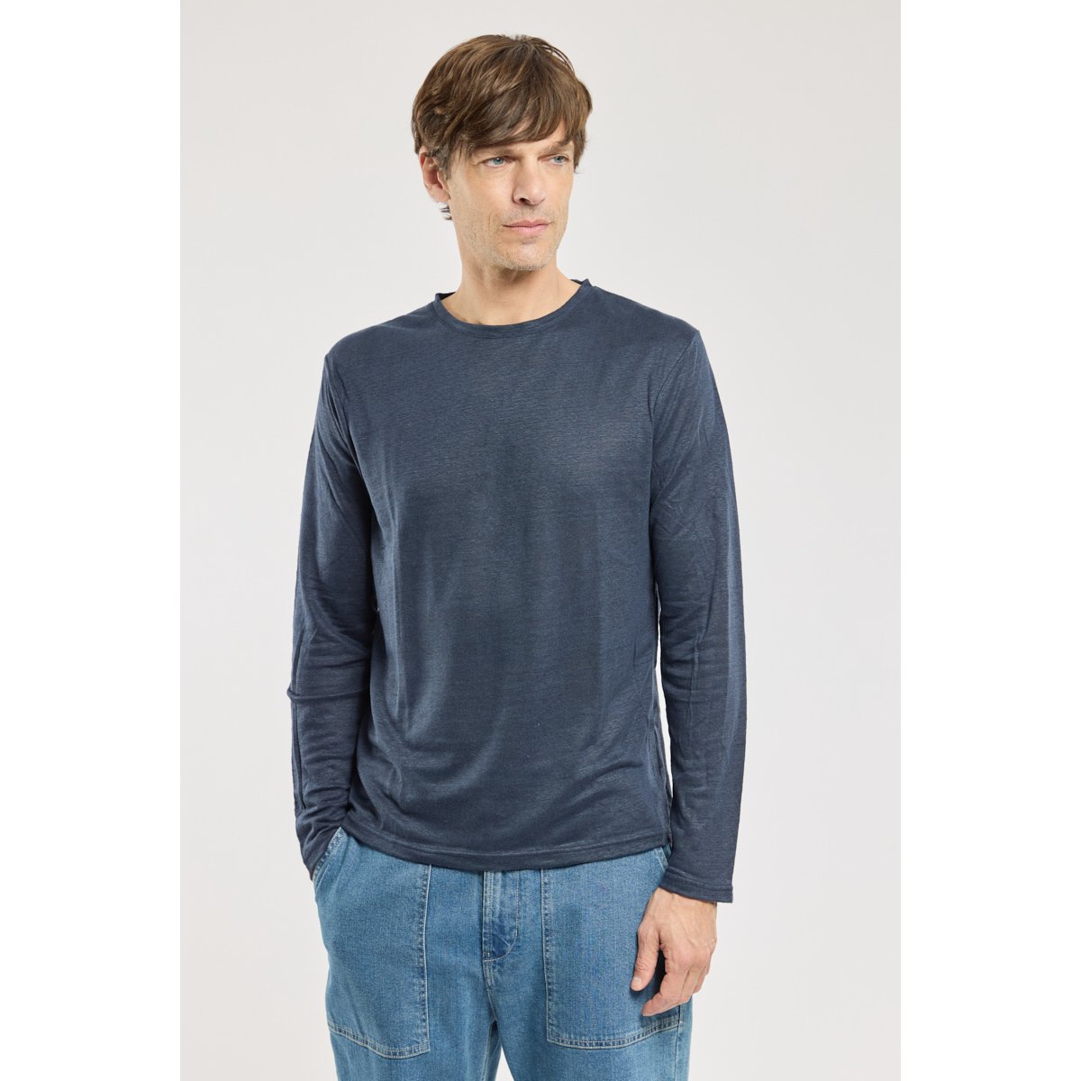 T-shirt manches longues en lin bleu, ARMOR-LUX