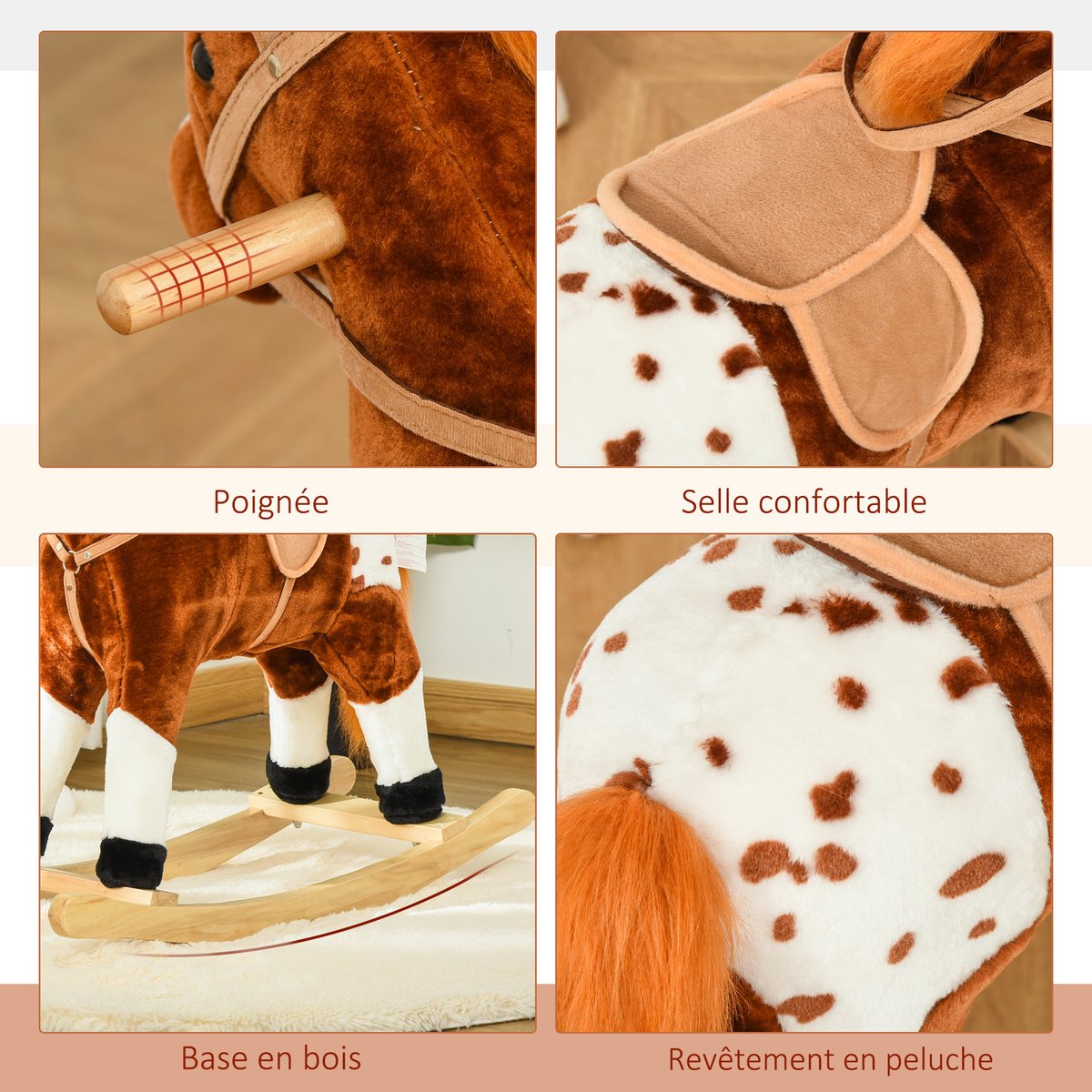Cheval à bascule pour enfants Peluche Courte marron, HOMCOM
