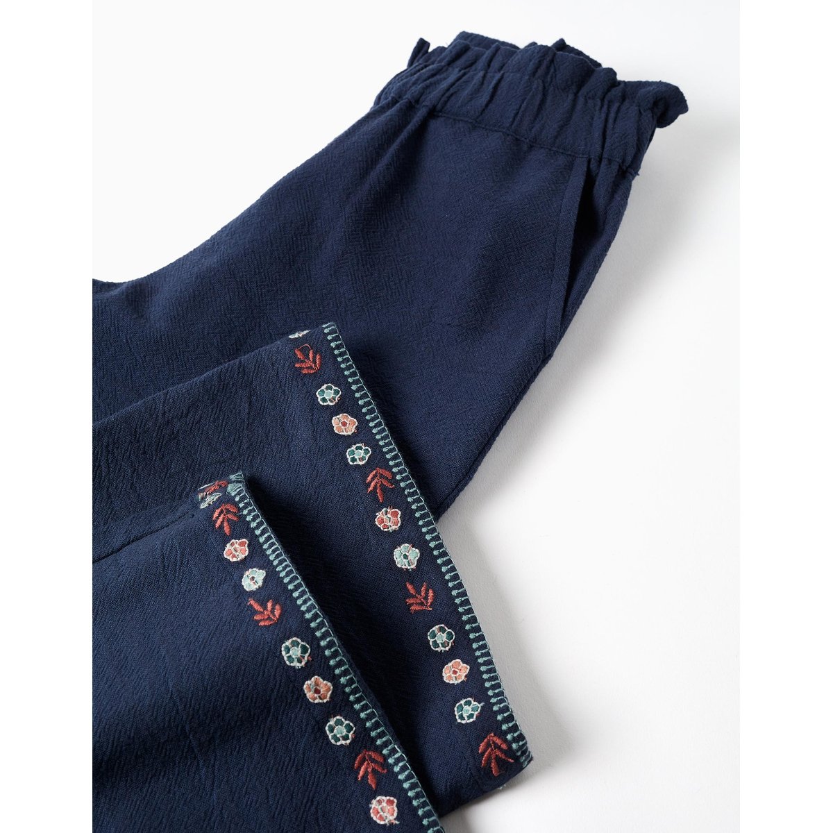 Pantalon en coton à jambe large avec fleurs brodées bleu foncé, ZIPPY