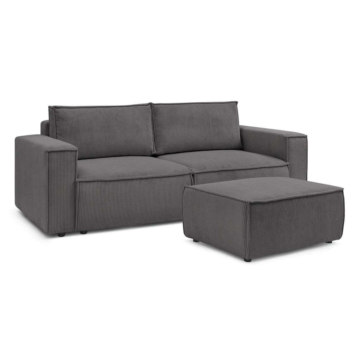 Canapé droit convertible 4 places en velours côtelé avec pouf, NIHAD gris foncé, BOBOCHIC