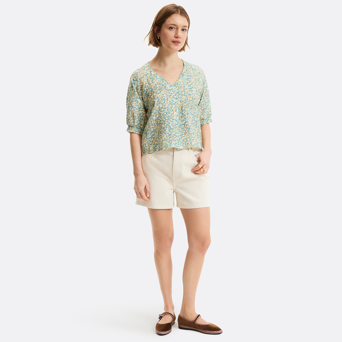 Floral V-Neck Blouse with 3/4 Length Sleeves multi-coloured floral print, LA REDOUTE COLLECTIONS