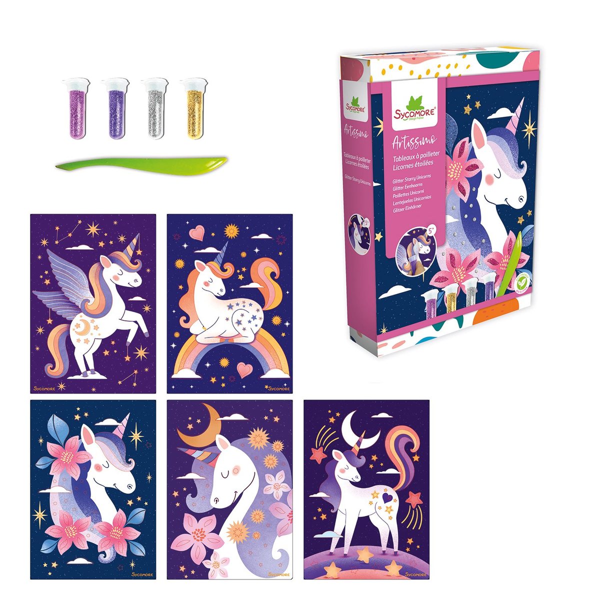 10 tableaux à paillettes Licornes étoilées violet, SYCOMORE