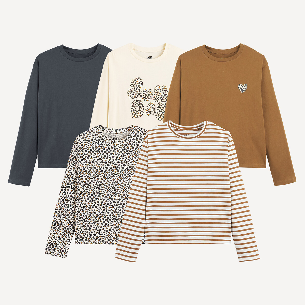 Set di T-shirt a maniche lunghe nero+marrone+bianco+a righe+fantasia, LA REDOUTE COLLECTIONS