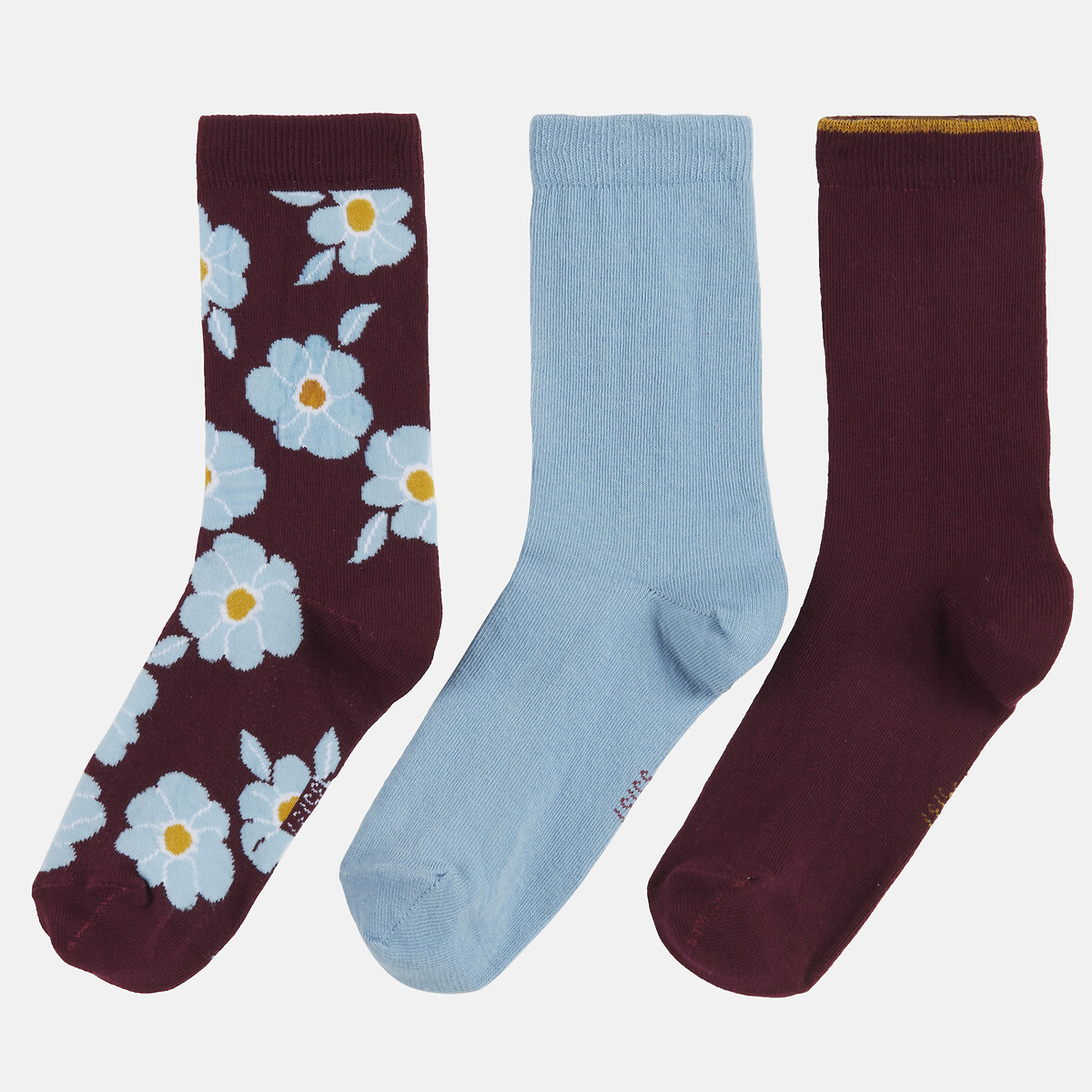 Pack of 3 Pairs of Crew Socks: 2 Plain/1 Printed burgundy, LA REDOUTE COLLECTIONS