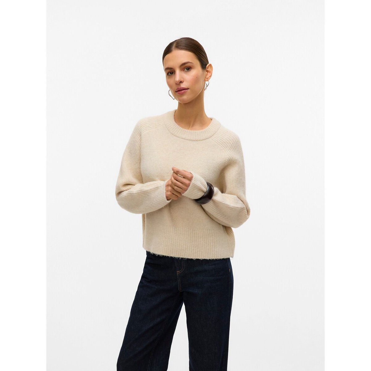 Pull col rond manches longues beige, VERO MODA