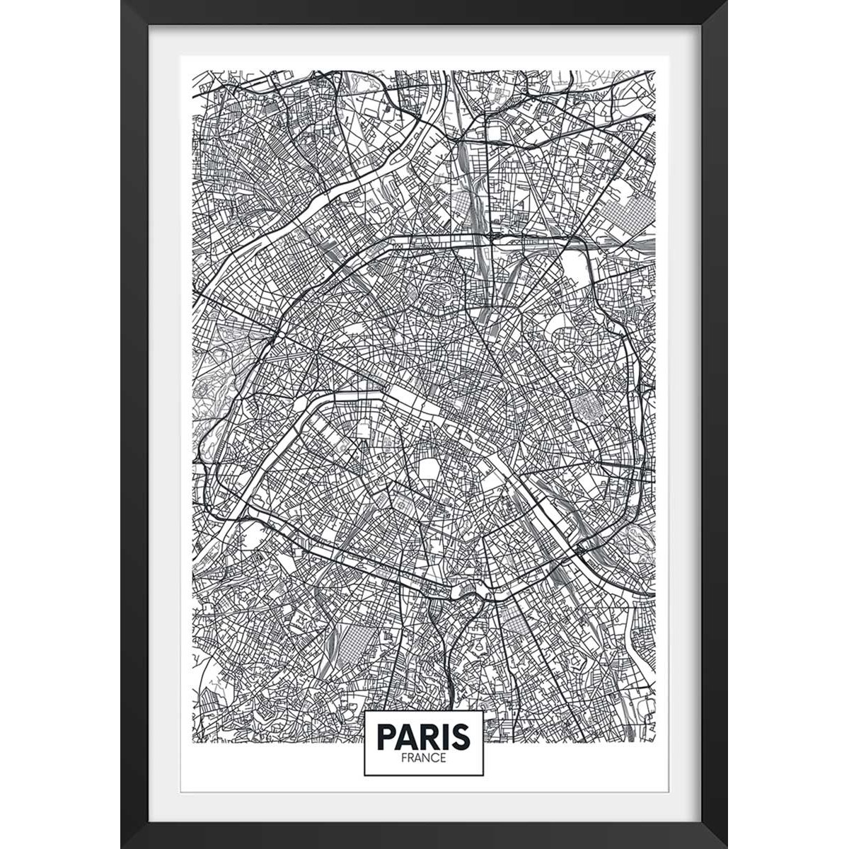 Affiche graphique paris france affiche + cadre en bois - noir, HEXOA