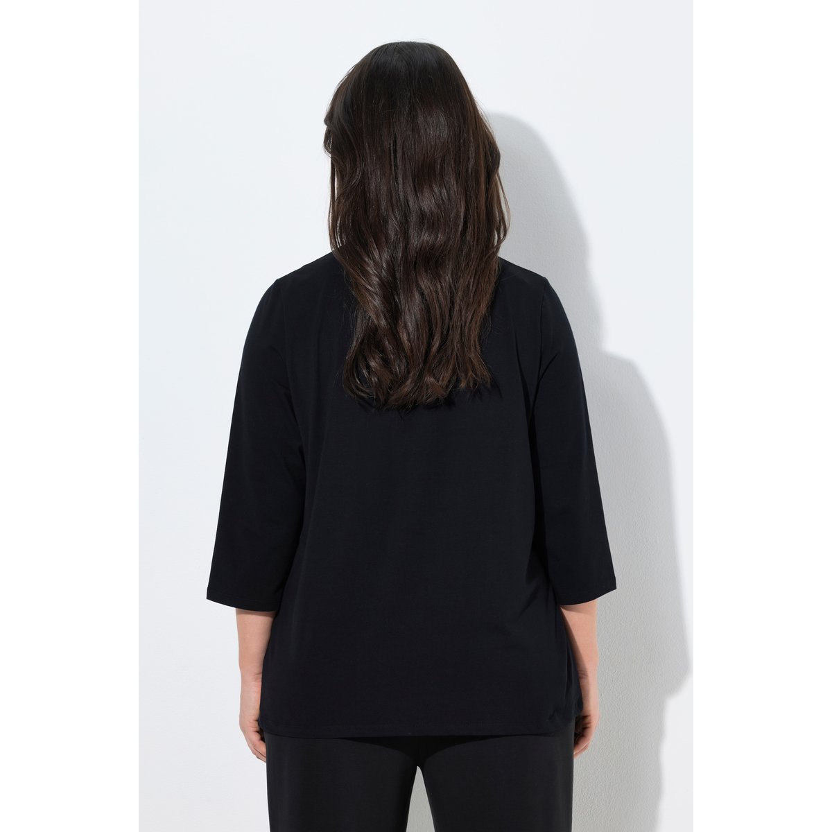 T-shirt avec strass, col rond et manches 3/4 noir, ULLA POPKEN
