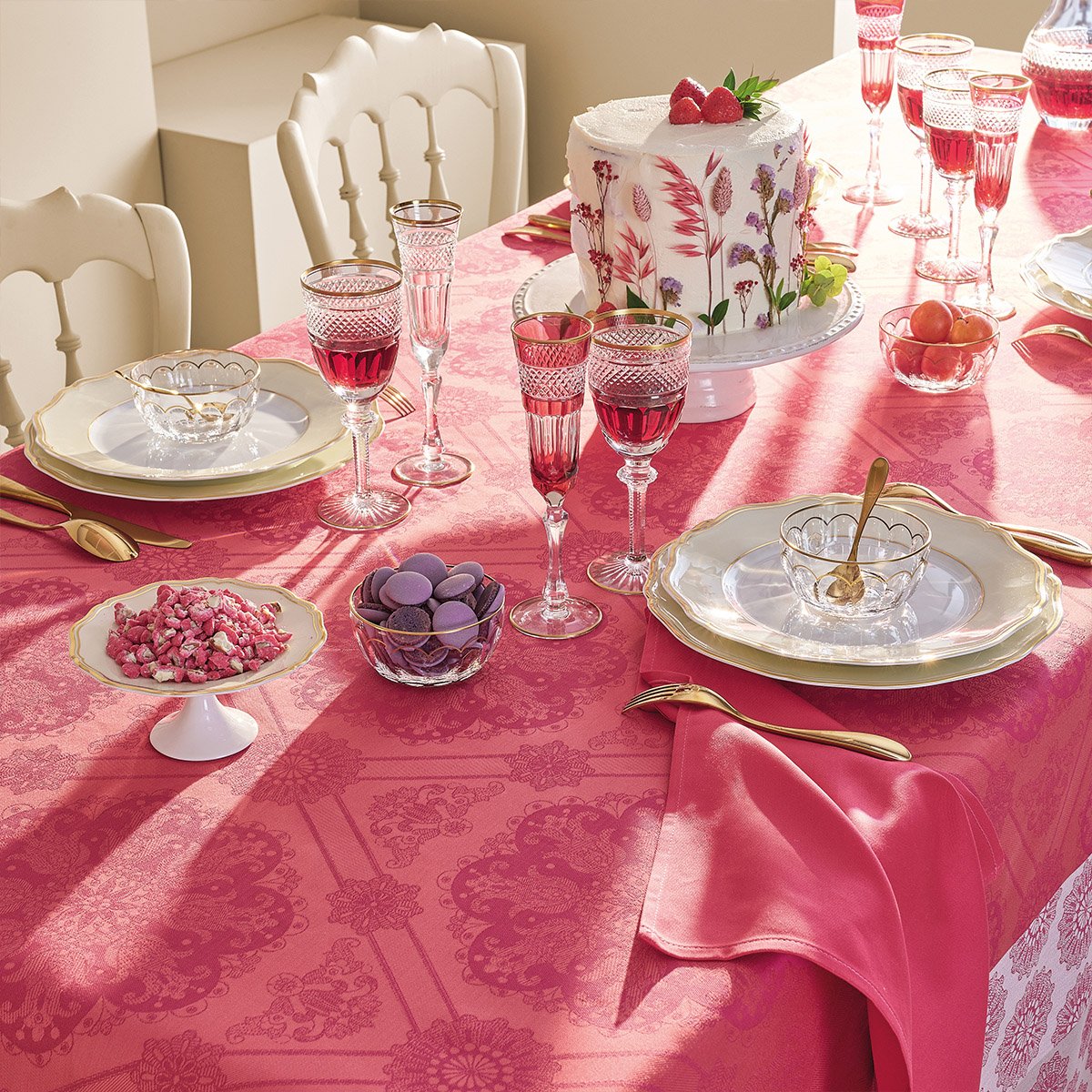 Nappe pur coton MILLE ROSACES framboise, GARNIER THIEBAUT