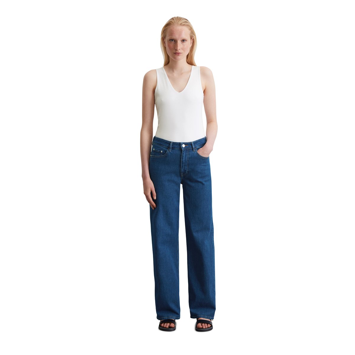 Jeans à jambes larges en denim Cashmere Touch bleu moyen, MARC O'POLO