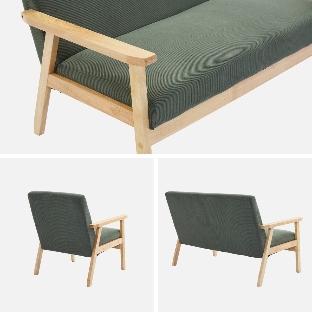 Banquette 2 places + fauteuil 1 place bois d'hévéa velours côtelé ISAK kaki foncé, SWEEEK