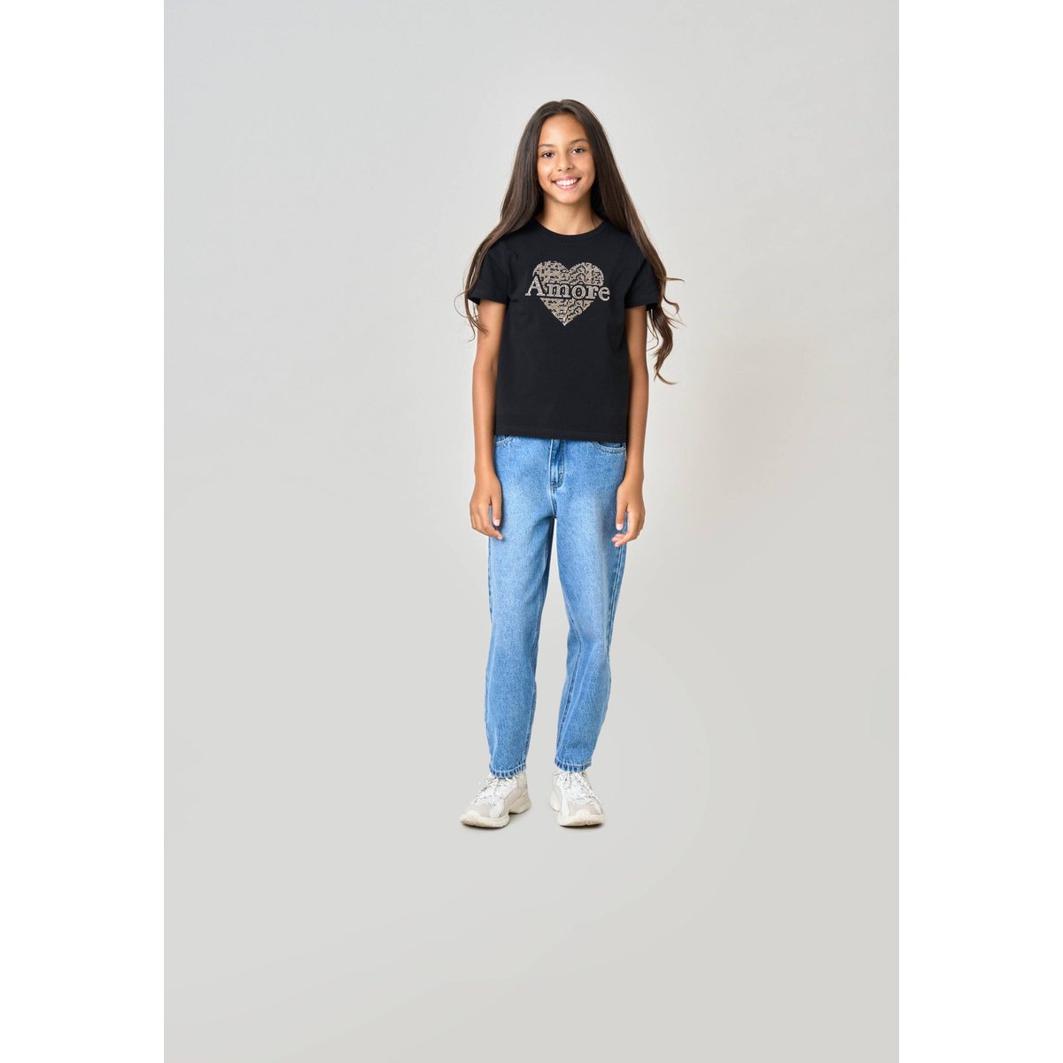 T-shirt regular fille en coton stretch avec cœur en strass SOLINE black, DEELUXE