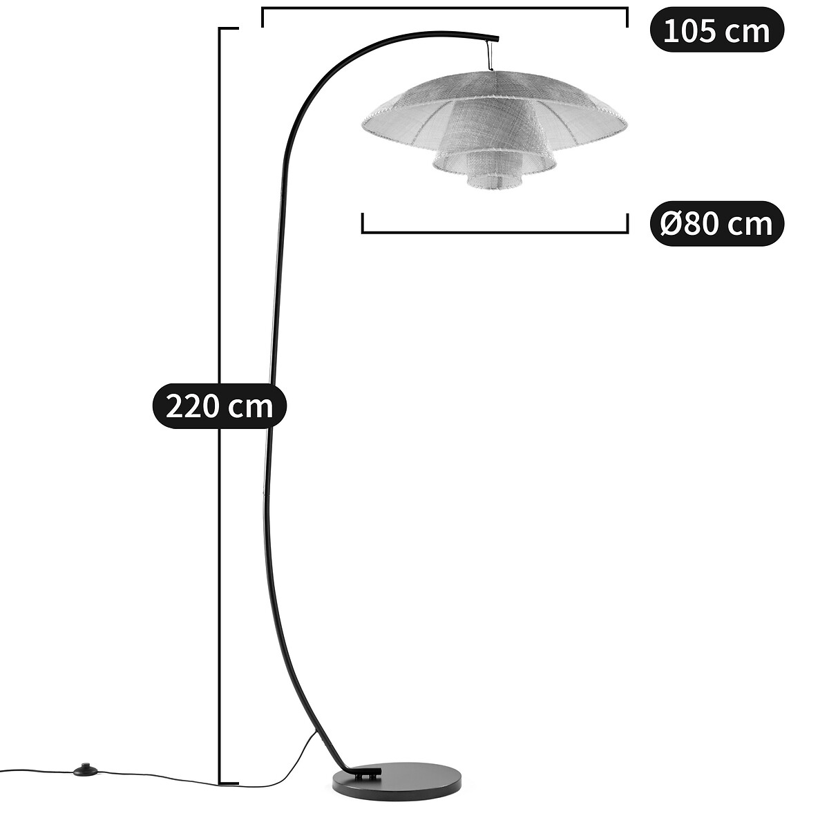 Lampadaire arc métal acier et rotin, Lola naturel/noir, LA REDOUTE INTERIEURS