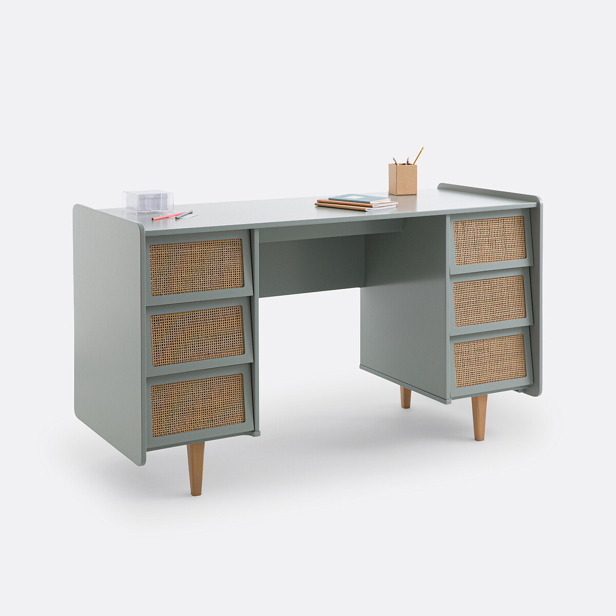 Kaya 6-Drawer Desk with 2 Cabinets light khaki green, LA REDOUTE INTERIEURS