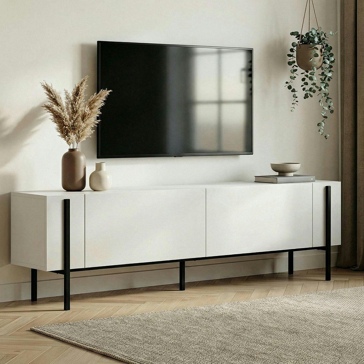 Meuble TV 2 portes 180 cm MARFA blanc - noir, PIER IMPORT
