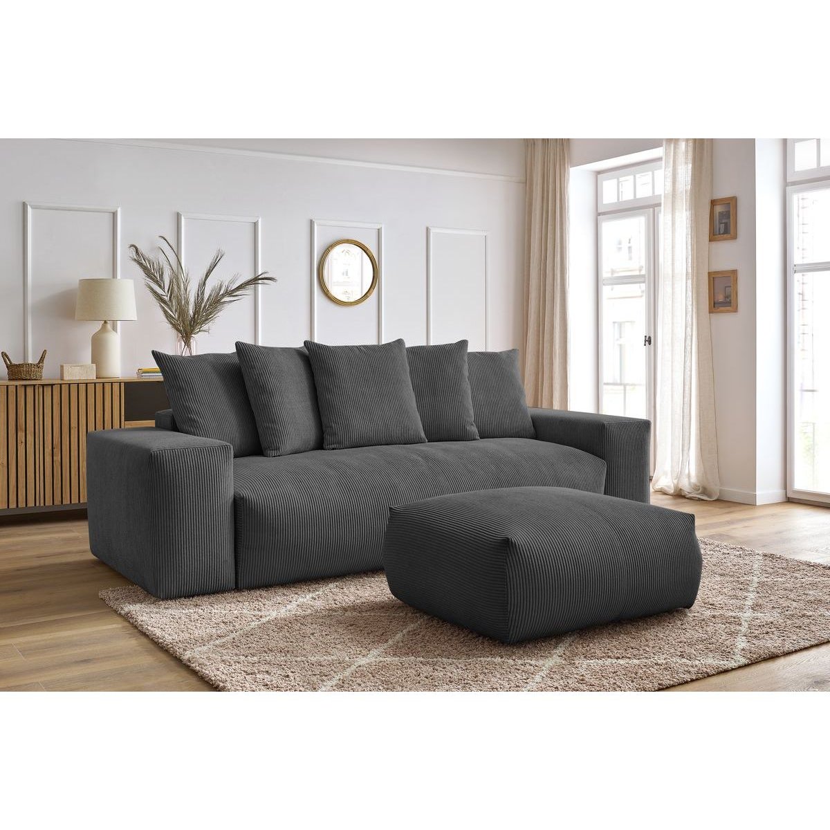 Canapé droit convertible 4 places en velours côtelé avec pouf, VOLTAIRE gris foncé, BOBOCHIC