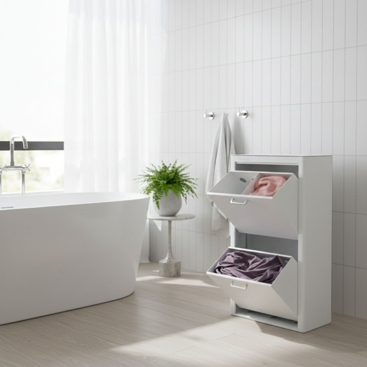 Panier à linge AUDREY, 100L, 3 compartiments, métal blanc, design moderne blanc, DON HIERRO
